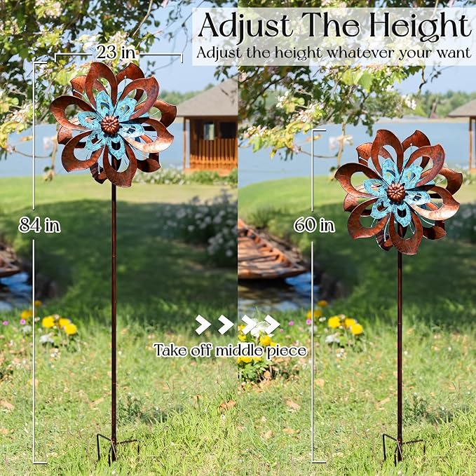 Pure Echo Garden Wind Spinner,Flower Wind Spinner,Outdoor Metal Wind Sculpture & Spinner Large 23 inch Dia 84 inch Height Kinetic Windmill for Garden Yard