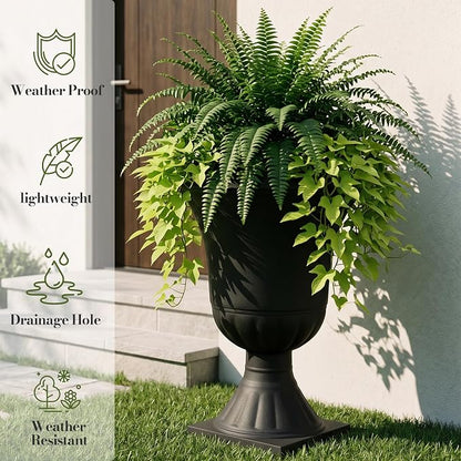 Worth Garden 2-Pack Plastic Urn Planters for Outdoor Plants, 22'' Black Tall Round Classic Resin Traditional Flower Pots - 15 in. Dia Large Imitation Stone Decorative Pot Patio Deck Front Porch