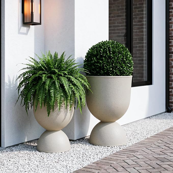 KOL Planters Flower Pots, Large Plastic Urn Planters for Indoor Outdoor Plants, Beige Pedestal Planter 2 Pack, 18 Inch+23 Inch, Decorative Planters with Drainage Holes & Plugs for Porch Garden