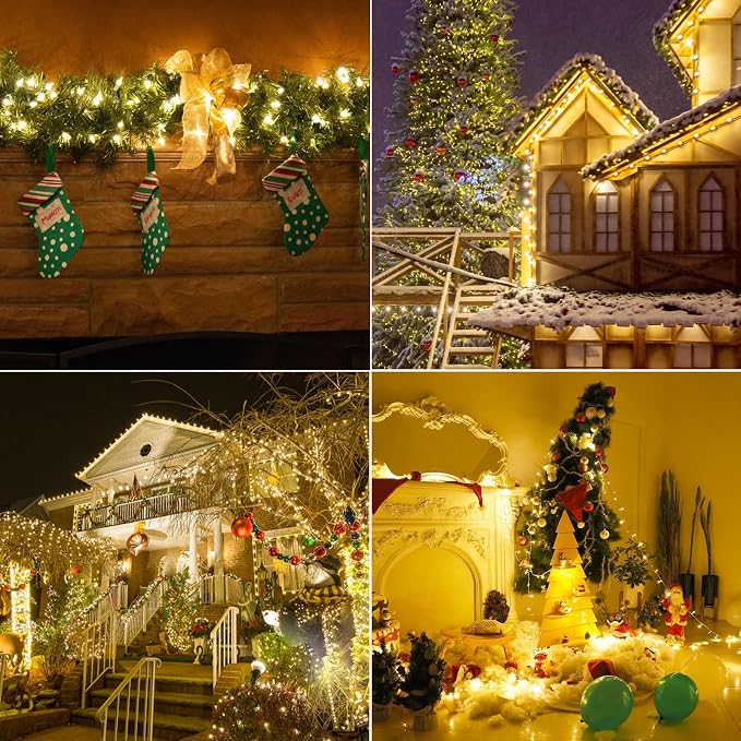 Battery Operated Christmas Lights, 33Ft 100 LED Warm White String Lights with Auto Timer & 8 Modes, Shatterproof Waterproof for Outdoor Indoor Wedding Party Home, Black Wire