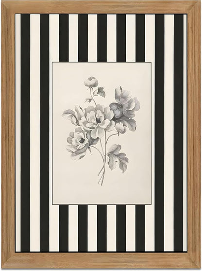 Black and White Floral Wall Art Framed Canvas,Vintage Botanical Sketch Print, Minimalist Striped Modern Farmhouse Wall Decor for Living Room Bedroom Bathroom Kitchen 8x10inch