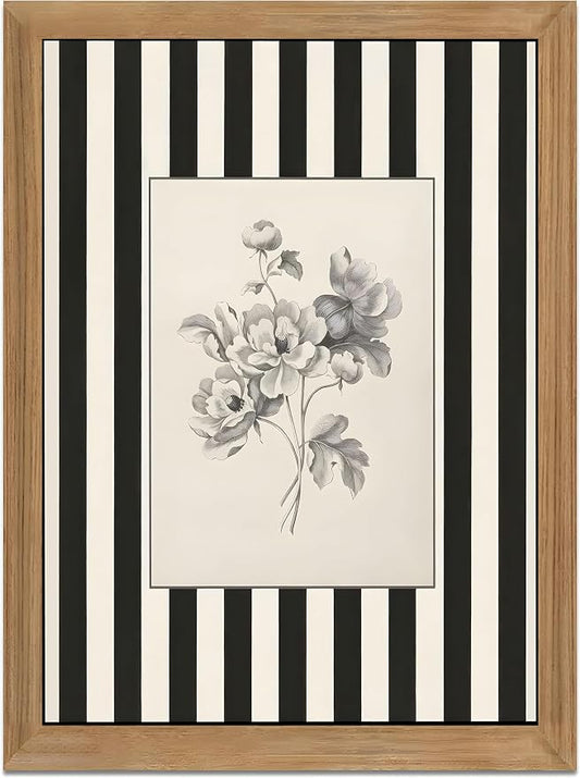 Black and White Floral Wall Art Framed Canvas,Vintage Botanical Sketch Print, Minimalist Striped Modern Farmhouse Wall Decor for Living Room Bedroom Bathroom Kitchen 8x10inch