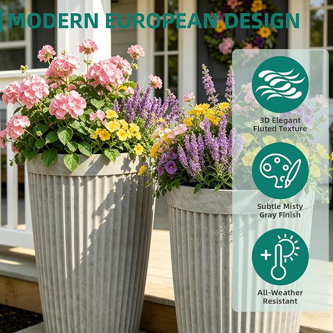 Autodaya 20" Ivory Outdoor Fluted Resin Tall Planters Set of 2 | High-Density Resin Pots with Drainage Holes for Indoor and Outdoor Plants, Patio, Garden, Porch, Living Room, or Gifting