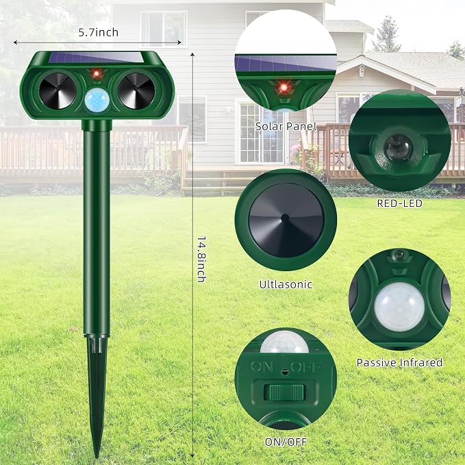 4 Pack Upgraded Sonic Fortress Pro Deer Repellent Devices,Solar Animal Repellent Ultrasonic Outdoor for Cats,Squirrels,Rabbits,Racoons,Skunks for Garden Yard Waterproof Motion Sensor Animal Deterrent