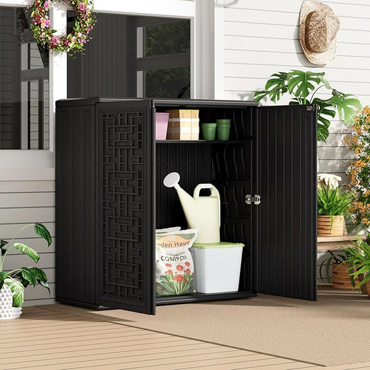 HOMSPARK Indoor/Outdoor Storage Cabinet with Doors and Shelf, 34”x15”x36” HDPE Plastic Storage Box Waterproof for Patio, Garden, Balcony, Multi-Purpose for Daily Tools, Black