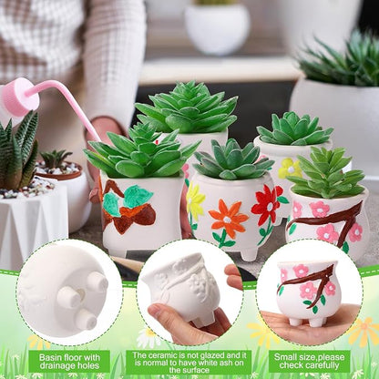 Leitee 24 Pcs Paint Your Own Ceramic Pot Bulk 2.76 in, Ready to Paint Small Pot Mini Succulent Planters Pottery Painting for Summer Classroom Craft Gift DIY Art Activity (Lovely Flowers)