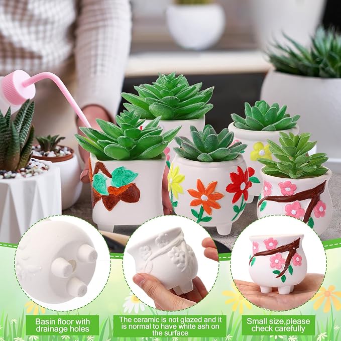 Leitee 30 Pcs Paint Your Own Ceramic Pot Bulk 2.76 in, Ready to Paint Small Pot Mini Succulent Planters Pottery Painting for Summer Classroom Craft Gift DIY Art Activity (Lovely Flowers)