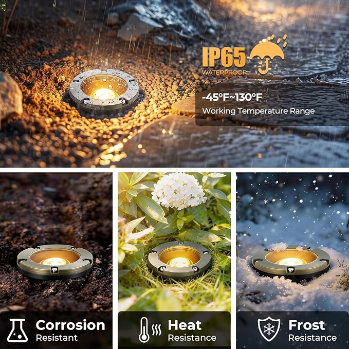 Gardencoin Brass Low Voltage Landscape Well Lights (5" Cover, 5.5" Tall), 12V LED Wired In-Ground Outdoor Up Lighting Fixture Waterproof, Adjustable Beam Direction Base, Without MR16 Bulb (4 Pack)
