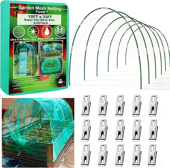 Garden Netting Kit for Raised Beds,10x33ft Ultra Fine Insect Netting Garden Bed Covers & 6 Sets of 8ft Fiberglass Garden Hoops (6set Garden Hoops with Green 10x33ft Garden Netting)