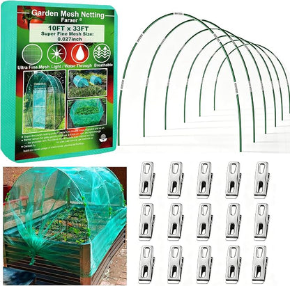 Garden Netting Kit for Raised Beds,10x33ft Ultra Fine Insect Netting Garden Bed Covers & 6 Sets of 8ft Fiberglass Garden Hoops (6set Garden Hoops with Green 10x33ft Garden Netting)