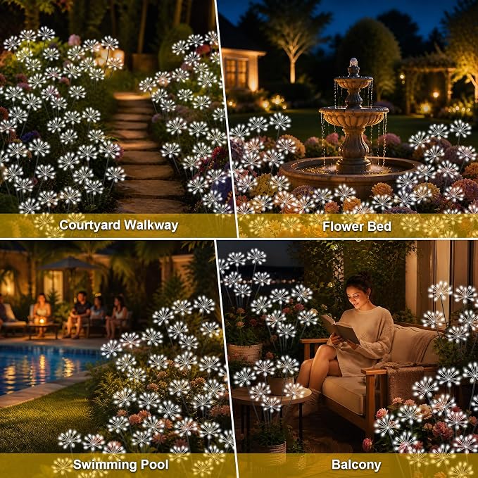 Solar Garden Lights Outdoor, Upgraded Solar Swaying Starburst Light Waterproof with 2 Modes, Solar Fairy Firework Lights for Yard Patio Pathway Flowerbed Balcony Garden Decoration (White, 4 Pack)