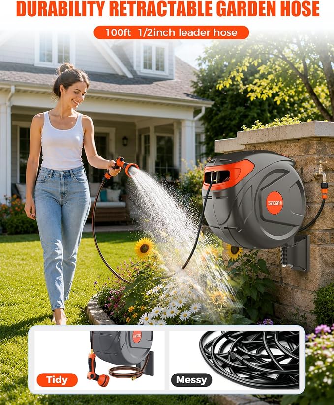 100FT Retractable Garden Hose Reel 1/2 Inch, Wall Mounted Heavy Duty Water Hose with Auto-Lock, Slow Return, 180° Swivel Bracket & 9-Pattern Spray Nozzle, UV Resistant Outdoor Hose Storage System