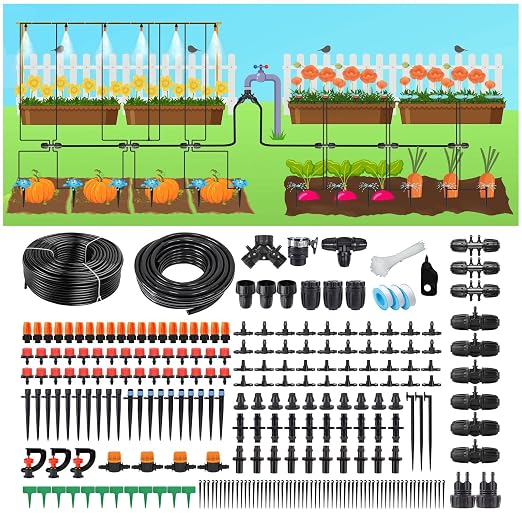 164FT Garden drip Irrigation System Kit: 299PCS Hose - Auto Garden Watering Irrigation System - with 5 Kinds of Sprayers 1/4" & 1/2" Fast-Lock Tubing - for Greenhouse, Yard, Lawn, Raised Bed