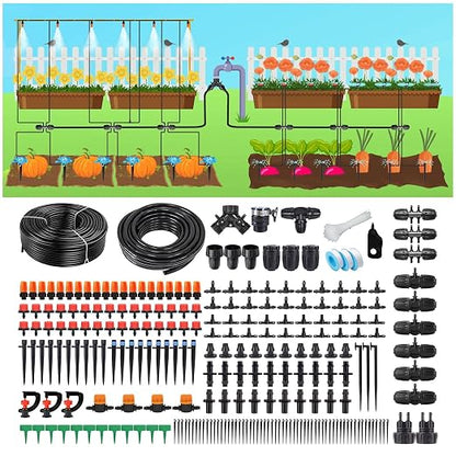 164FT Garden drip Irrigation System Kit: 299PCS Hose - Auto Garden Watering Irrigation System - with 5 Kinds of Sprayers 1/4" & 1/2" Fast-Lock Tubing - for Greenhouse, Yard, Lawn, Raised Bed