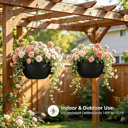 2 Pack 10 Inch Self Watering Hanging Planters for Indoor Plants, Large Black Plastic Hanging Pots with Chains for Outdoor Patio Garden Home Decor (Black)