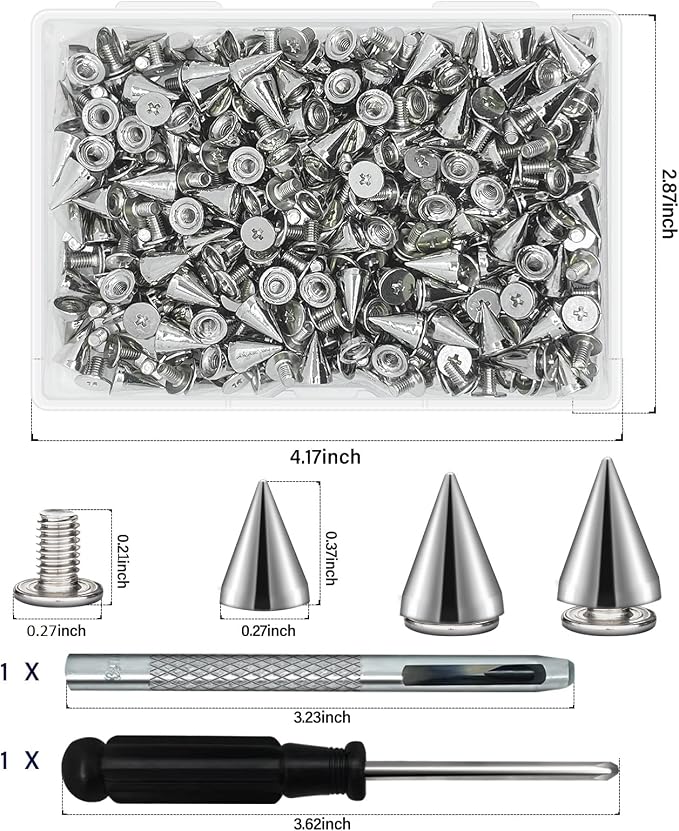200 Sets 9.5mm Cone Spikes Metal Tree Spikes Screwback Studs for DIY Leathercraft Decoration Punk Rock Style Clothing Accessories (Silver)