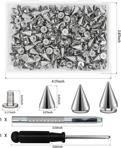 200 Sets 9.5mm Cone Spikes Metal Tree Spikes Screwback Studs for DIY Leathercraft Decoration Punk Rock Style Clothing Accessories (Silver)
