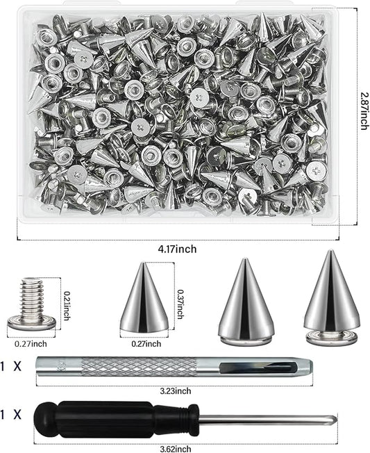 200 Sets 9.5mm Cone Spikes Metal Tree Spikes Screwback Studs for DIY Leathercraft Decoration Punk Rock Style Clothing Accessories (Silver)