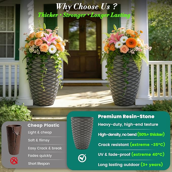2-Pack 19" Rustic Black Resin Tall Planters with Wave Texture | Set of 2 resin tall planters with rustic black wave texture, drainage plugs, and UV-resistant finish for porch or patio