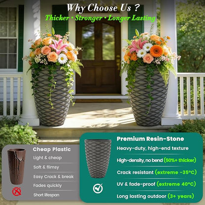2-Pack 19" Rustic Black Resin Tall Planters with Wave Texture | Set of 2 resin tall planters with rustic black wave texture, drainage plugs, and UV-resistant finish for porch or patio