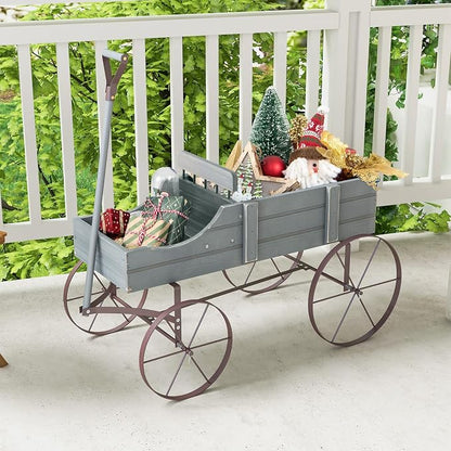 HAPPYGRILL Wooden Wagon Planter, 24.5” x 13.5” x 24” Decorative Garden Planter w/ 2 Planting Sections, Wheels, Handle, Small Decorated Cart, Flower Planter Box for Indoor Outdoor Patio (Grey)