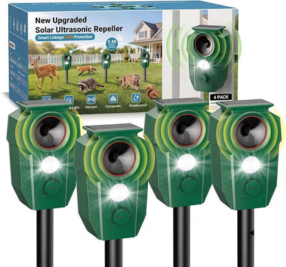 4 Pack Solar Ultrasonic Animal Repellent, 2.4GHz Wireless Synchronized Mesh Linked System, Deer Repellent Devices Motion Activated Cat & Raccoon Deterrent for Yard Garden, IP65 Waterproof LED Light