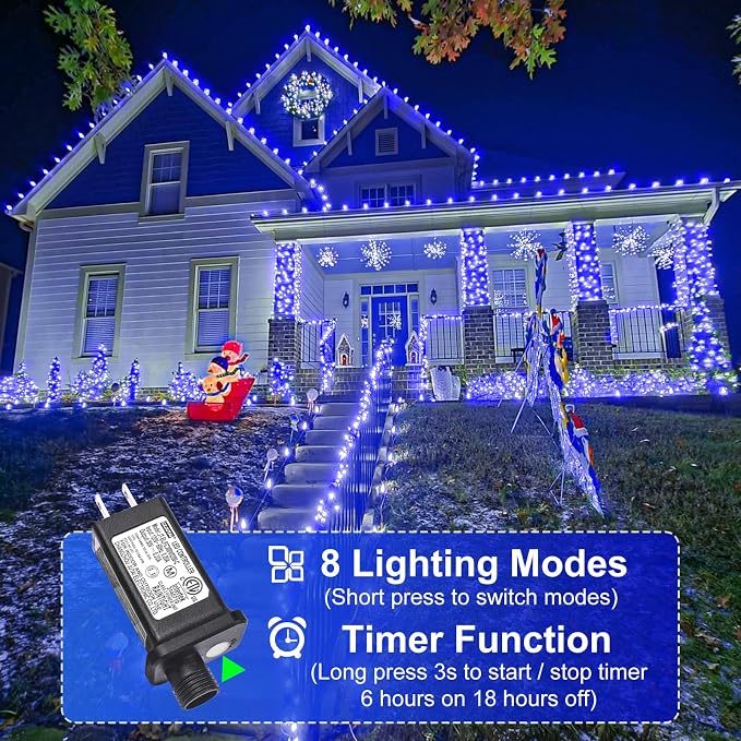 2 Pack Christmas Lights Outdoor, Total 200FT 600 LED Christmas Tree Lights Indoor Waterproof, 8 Modes Plug In Connectable String Lights for Outside Patio Garden Party Holiday Decorations, Blue