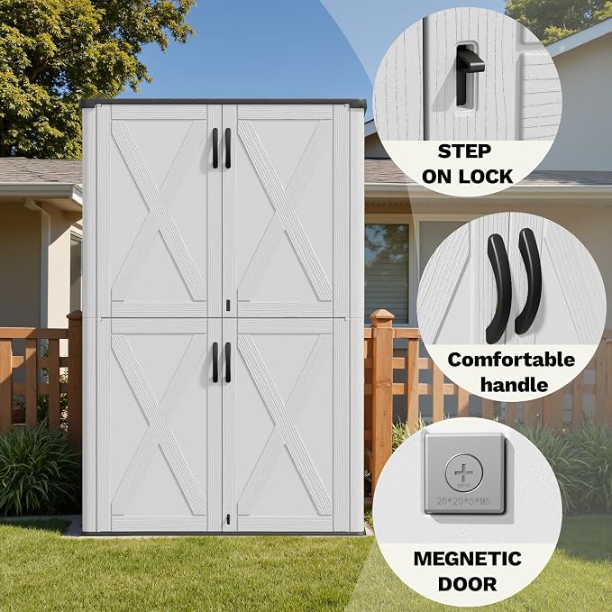 Devoko 50 Cu Ft Plastic Outdoor Storage Cabinet, White | Vertical Resin Storage Shed with Lockable Door, Waterproof Shed for Patio Furniture Pool Toy, Garden Tool, Shelf Not Included