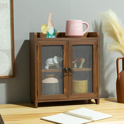 COLLECTIVE HOME - 2 Tiered Storage Cabinet, Countertop Cabinet, Wood Organizer for Kitchen Living Room Bedroom Bathroom Office with Magnetic Door, 15.75 x 14.5 x 6.5, Brown, 01