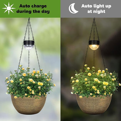 BAYN 2 Packs Solar Hanging Basket Planters for Plants Outdoor | Self Watering, Copper Flower Pots with Solar Light , Hanging Planters with Drainer for Balcony Patio Garden Decoration
