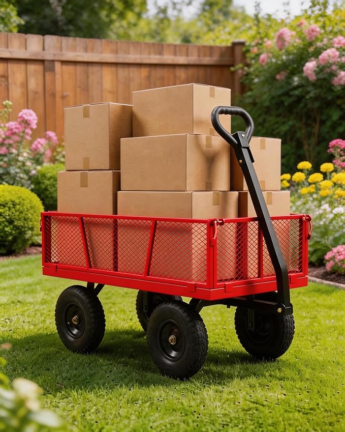 GarveeTech 400LBS Heavy Duty Steel Garden Cart, Garden Wagon Cart on Wheels, Metal Yard Utility Wagon with Removable Mesh Sides, 10" All Terrain Tires, 180° Rotating Handle for Lawn, Garden, Farm