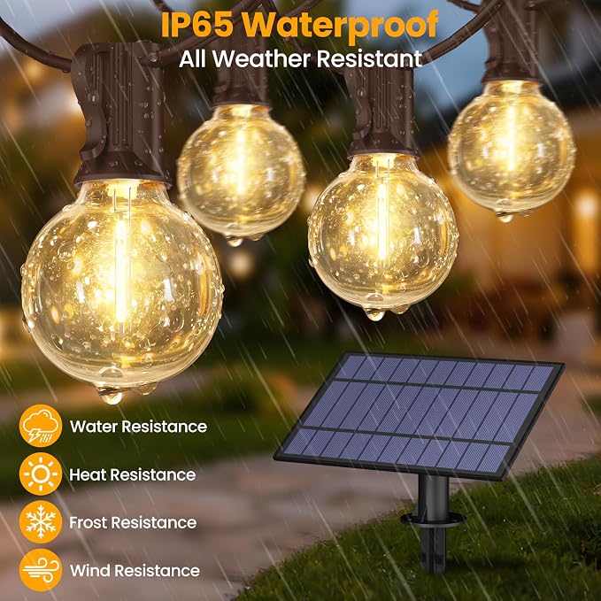 Mlambert 25FT Solar Powered String Lights Outdoor, Waterproof Solar Patio Light String with 10+1 Shatterproof LED G40 Bulbs for Backyard Garden-Brown