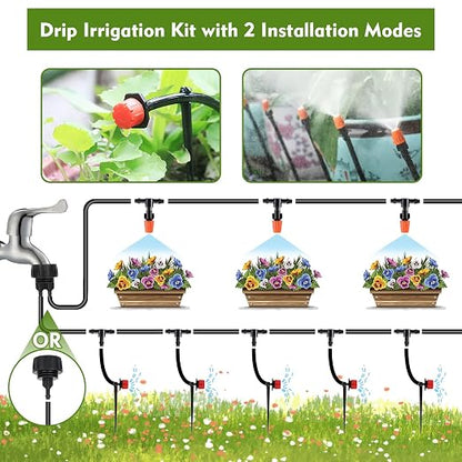 Drip Irrigation Kit, Drip Irrigation System for Garden with 1/4" Irrigation Tubing DIY Saving Water Automatic Watering System for Garden, Greenhouse, Flower Bed, Patio, Lawn
