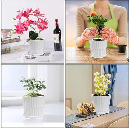 sietpoek Plant Pots - 6.7 Inch Cylinder Ceramic Planters with Connected Saucer, Pots for Succuelnt and Little Snake Plants, Set of 2, White