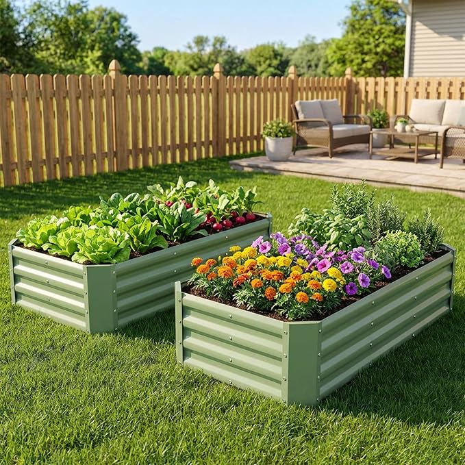 INNO STAGE 2 Pcs 4×2×1ft Galvanized Raised Garden Bed Kit, Galvanized Planter Raised Garden Boxes Outdoor, Large Metal Raised Garden Beds for Vegetables, Flowers, Herbs, OliveGreen