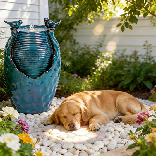 25" H Jar Ceramic Outdoor Fountain with Birds, Relaxing Water Feature | High-Fired Turqupise Glaze and Hammered Texture, Bird-Friendly Garden Fountain, Trickling Water Flow for Garden, Patio, Yard