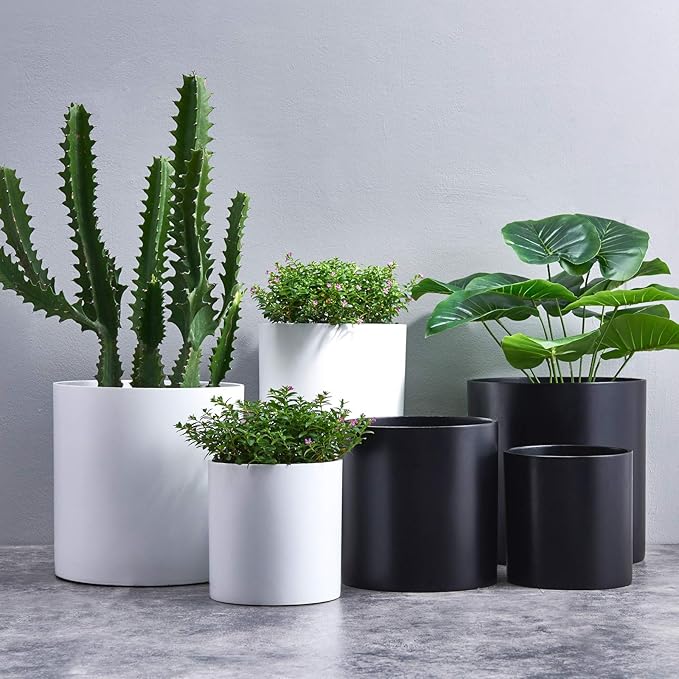 FaithLand 8 Inch Fiberstone Planter - Lightweight Modern Cylinder Plant Pot with Drainage Hole & Plug, Indoor Outdoor Use, Matte Black