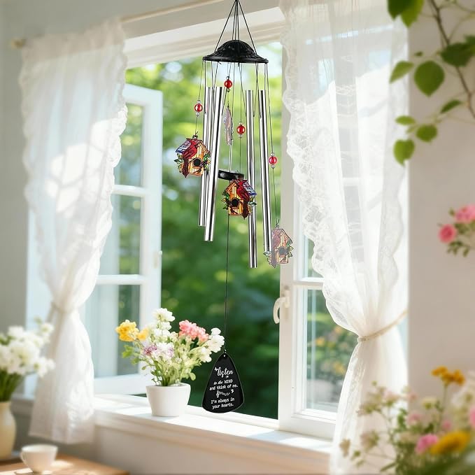YU FENG Cardinal Memorial Wind Chime, Birdhouse Crystal Suncatcher | 34 Inch Metal Wind Chime, Cardinal Bird Design, Sympathy Gift For Loss Of Loved One, Outdoor Garden Yard Decor