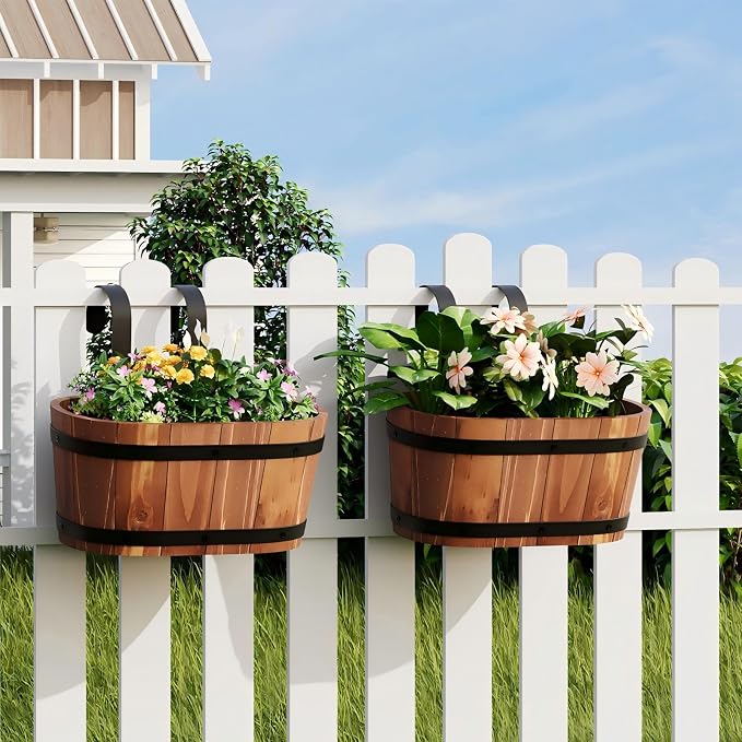 2PACK Cute Railing Planter Boxes Wood Hanging Flower Pots for Railing Fence Outdoor Balcony Planters for Wall Window Flower Box Hanging Bucket Pots Countryside plant Holder (Brown,2pcs,Small)