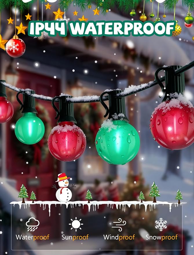 G40 LED Outdoor Christmas String Lights, 25FT Hanging Globe String Light | 25+2 Shatterproof Frosted Red Green Lights, Connectable, Waterproof Patio Lights for Balcony Pergola Decor, Green Wire