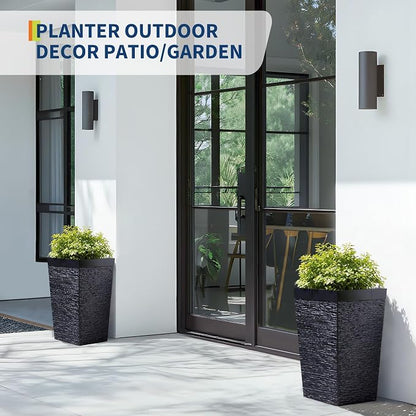 Garvee 16" Tall Planters Set of 2, Self Watering Tall Planters, Outdoor＆Indoor Planter Pots, High Front Porch Planters Pots with Drainage Holes＆Water Level Monitor, Black