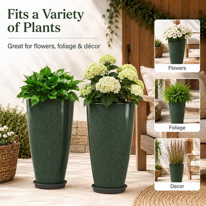 Neoaider Set of 2 Tall Planter, 21 inch Large Plastic Planter, Dark Green | Ceramic-Look, Lightweight, Built-in Drain Hole, Saucers, Tall Outdoor Planter for Porch, Garden, Patio, Balcony