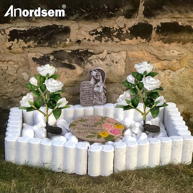 Anordsem Solar Garden Lights Outdoor: 10 Waterproof Fabric Roses 2 Pack - White LED Flower Decorations for Yard Patio Path Cemetery Grave - Mother 's Day Gift for Her Women Mom Wife