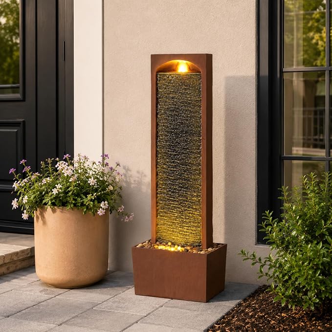 Teamson Home 38.5" Faux Slate Contemporary Outdoor LED Waterfall Fountain with Pebble Base, Red Rock | Contemporary, Pebble Base
