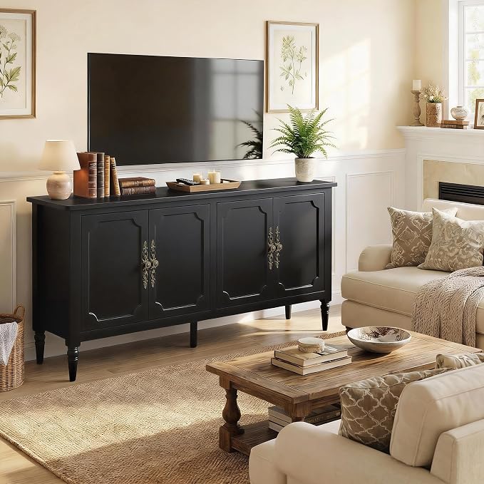 RoyalCraft Sideboard Buffet Cabinet with Storage, 59" Mid Century Modern Credenza with 4 Doors, Coffee Bar Wine Bar Storage Cabinet with Artistic Carved Handle for Living Room, Dining Room, Black