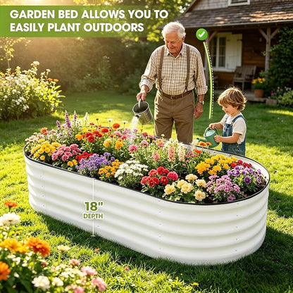 6x3x1.5ft Galvanized Raised Garden Bed Outdoor, 18'' Oval Large Metal Planter Garden Boxes for Gardening, Planting Deep Root Vegetables, Herbs, Fruits, Flower, Rustproof, Rubber Strip, White