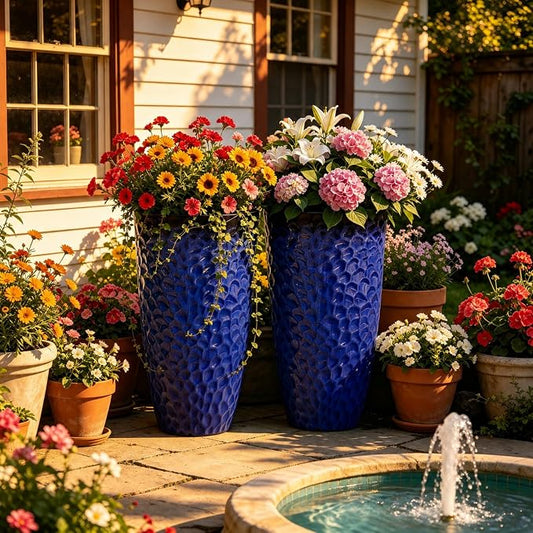 23.75" Cobalt Blue Plastic Tall Planters with Honeycomb Texture | Set of 2 PP tall planters with cobalt blue honeycomb texture, drainage plugs, and UV-treated finish for porch or patio