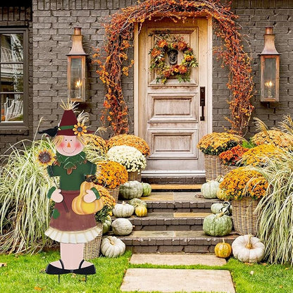 YEAHOME Outdoor Fall Decor, Metal Girl Scarecrow Garden Stakes with Sunflowers & Pumpkin for Fall Decorations, Scarecrow Yard Signs for Outside Garden Lawn Porch Thanksgiving Decorations Outdoor