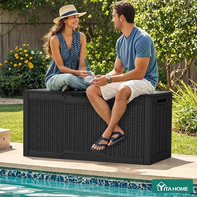 YITAHOME 80 Gallon Resin Deck Box | Weather Resistant Outdoor Rattan Storage Box, Lockable Indoor Outdoor Storage for Supplies and Essentials, Black