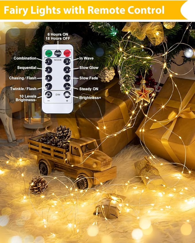 2 Pack 100 LED Fairy Lights Battery Operated with Remote, 8 Modes String Lights Indoor Outdoor, Cuttable Battery Light for Home Bedroom Wedding DIY Centerpiece Christmas Decorations (Warm White)